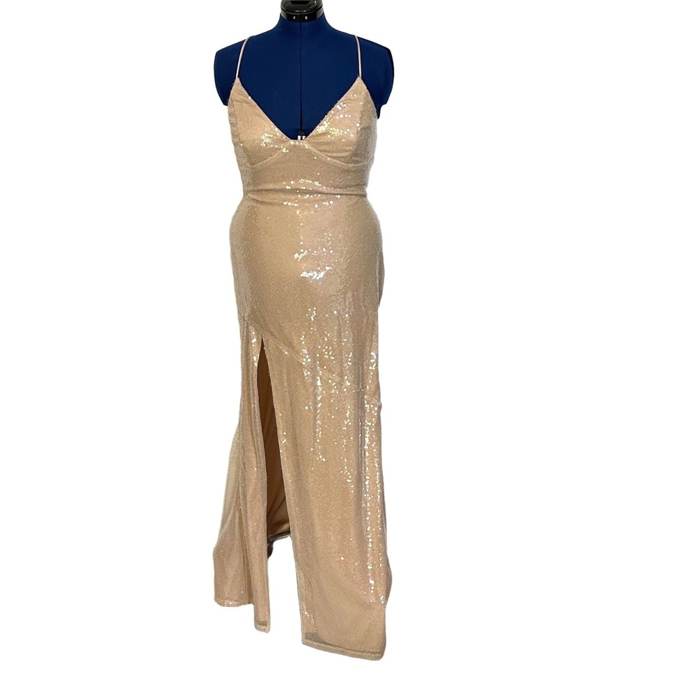 Babyboo Bells Maxi Dress Sequin Lace Up Back‎ XL Nude Formal Prom BBF3507-D
